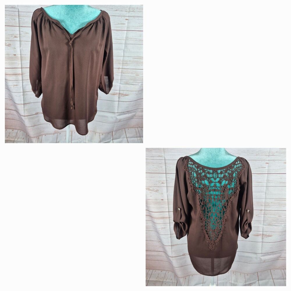 VTG Jody California Brown Top Womens Sz M Lace Back Forest Fairy Boho Festival